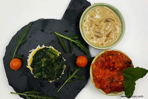 Rezept für Spinat-Mais-Reis mit Champignon-Tomaten-Dips 