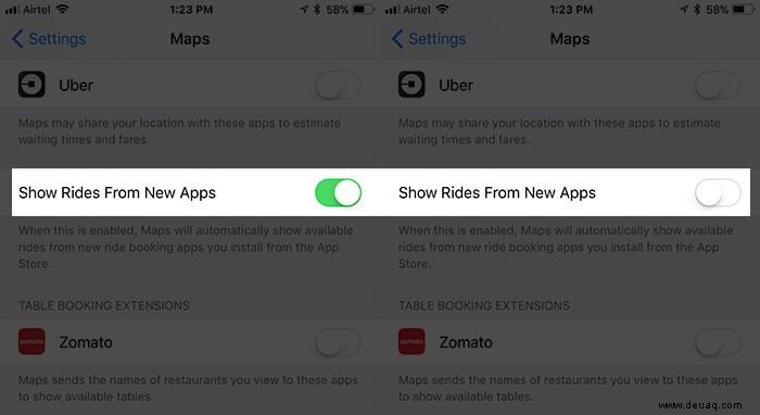 So aktivieren Sie Karten, um Fahrten von Fahrtbuchungs-Apps auf dem iPhone anzuzeigen 