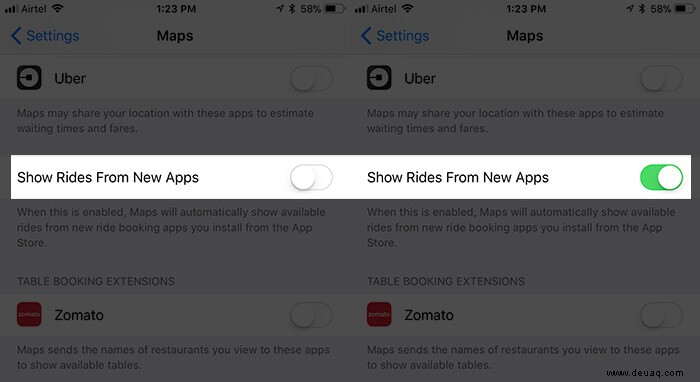 So aktivieren Sie Karten, um Fahrten von Fahrtbuchungs-Apps auf dem iPhone anzuzeigen 