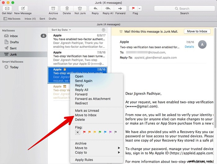 So verschieben Sie E-Mails von Junk in den Posteingang in Mail für Mac 