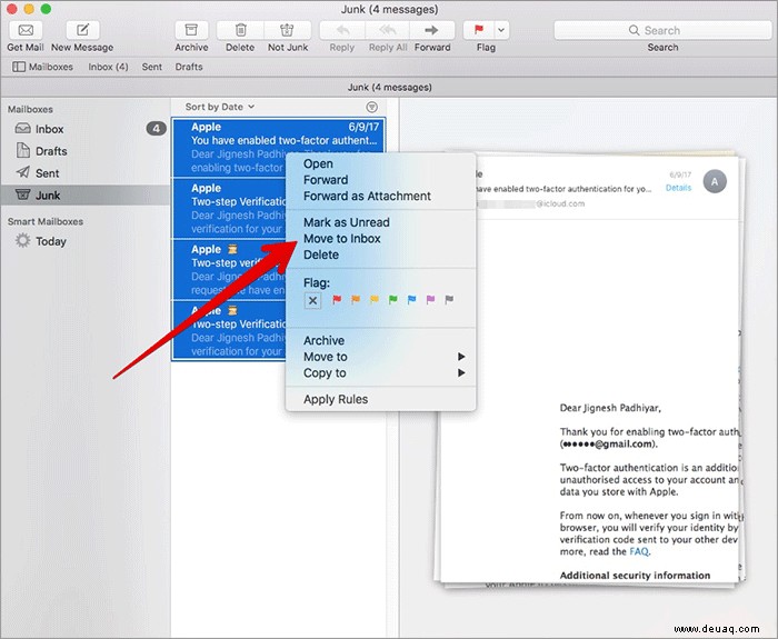 So verschieben Sie E-Mails von Junk in den Posteingang in Mail für Mac 