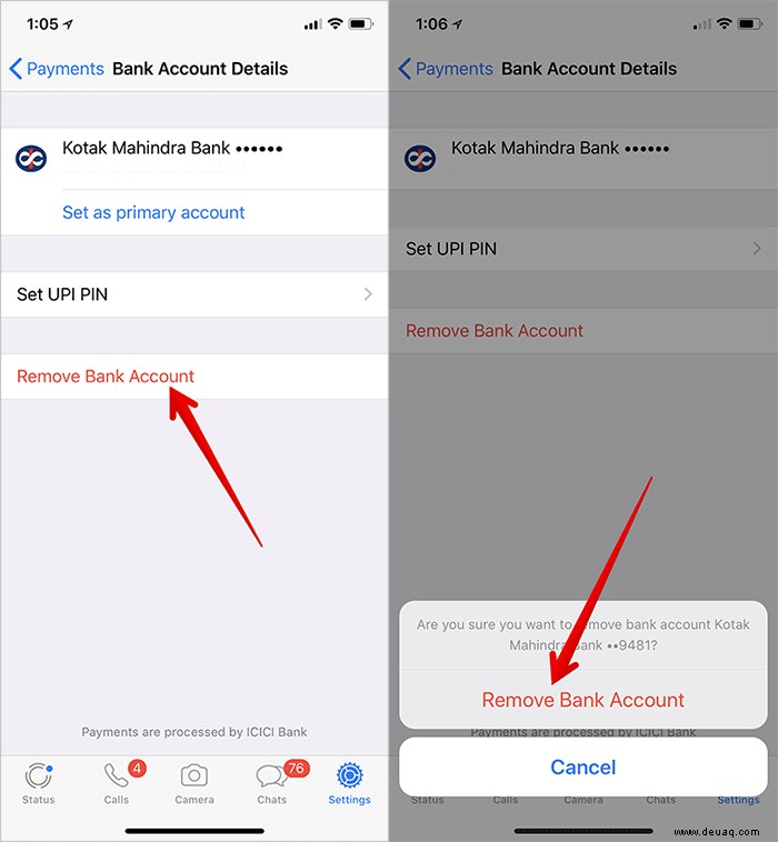 Ändern oder entfernen Sie das WhatsApp Payment Bank-Konto auf dem iPhone 