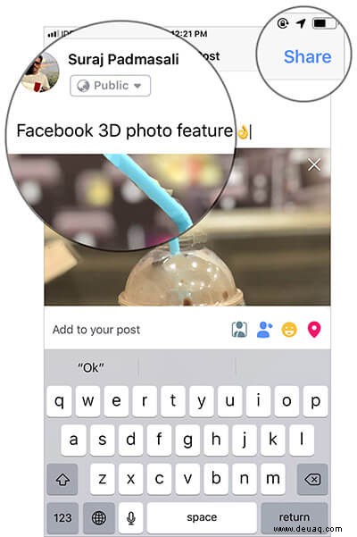 So erstellen Sie 3D-Bilder und posten sie vom iPhone auf Facebook 