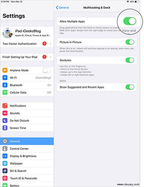So deaktivieren Sie Split View und Slide Over auf einem iPad mit iOS 12 oder iOS 11 