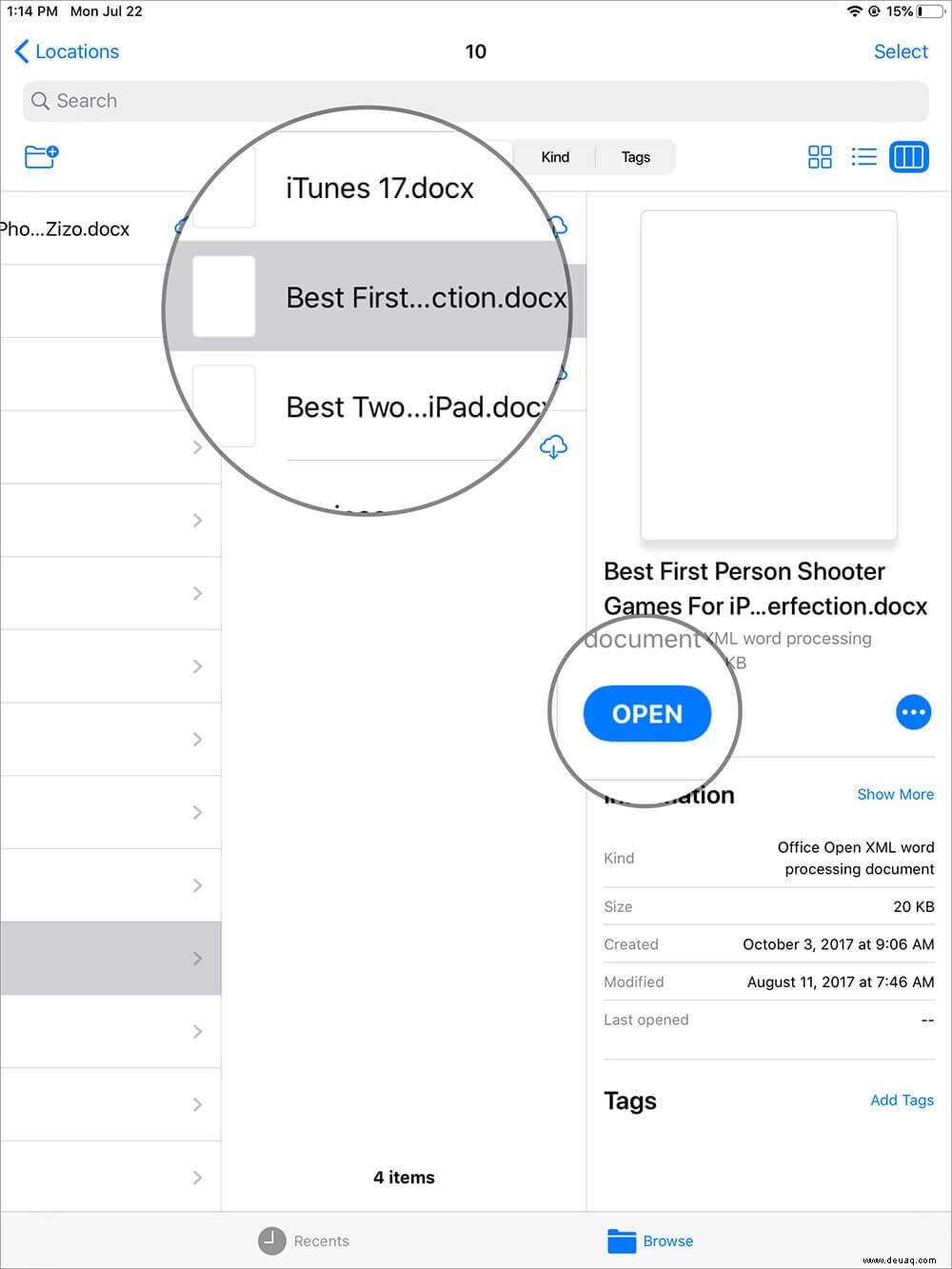 So greifen Sie auf die Spaltenansicht in der iPadOS Files App zu 