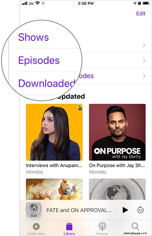 Entfernen Sie Shows und Episoden aus der Podcasts-App auf dem iPhone oder iPad 