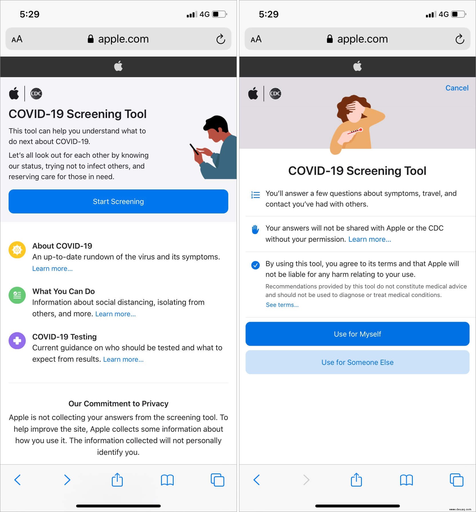 So verwenden Sie die Apple COVID-19-Screening-App und -Website 