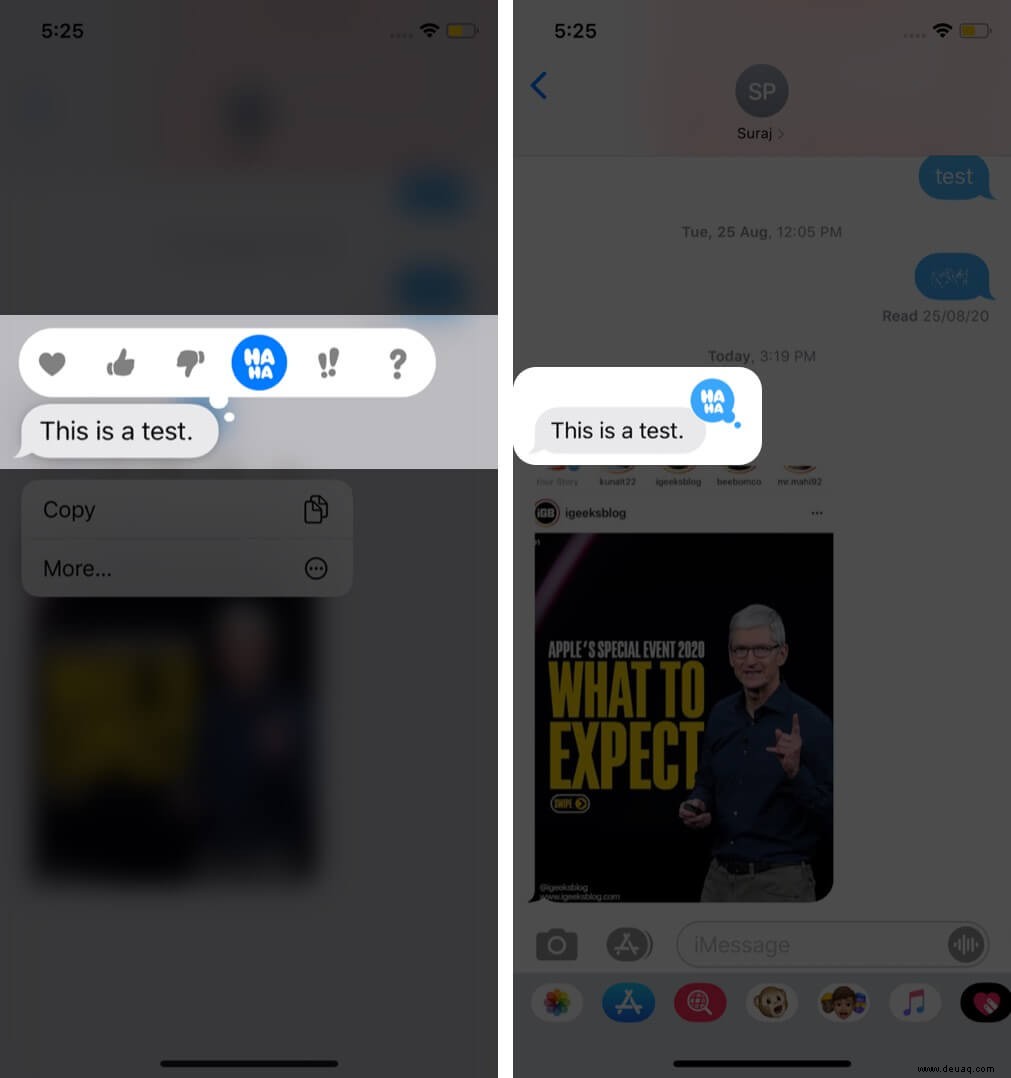 So verwenden Sie Emoji Tapbacks in iMessage auf iPhone und iPad 