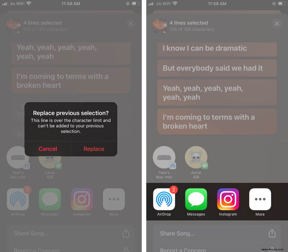 So teilen Sie Apple Music-Texte auf Instagram und iMessage auf dem iPhone 
