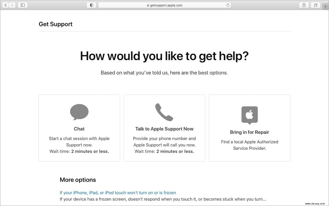 So kontaktieren Sie den Apple Support:Holen Sie sich Hilfe für Ihr Apple-Gerät 