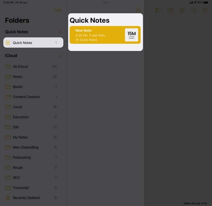 So verwenden Sie Quick Note in iPadOS 15 auf dem iPad 