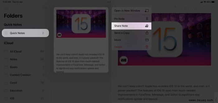 So verwenden Sie Quick Note in iPadOS 15 auf dem iPad 