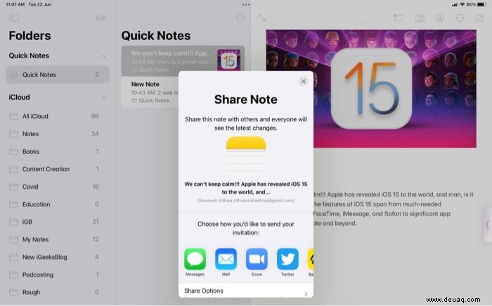 So verwenden Sie Quick Note in iPadOS 15 auf dem iPad 