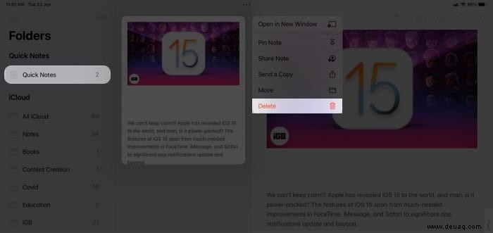 So verwenden Sie Quick Note in iPadOS 15 auf dem iPad 