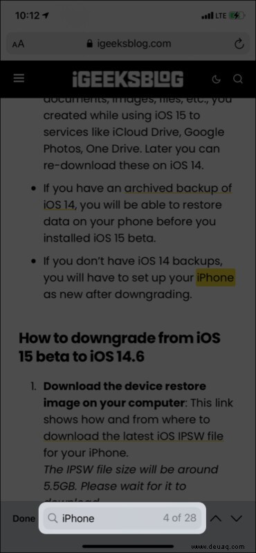 So suchen Sie vom iPhone aus auf der Safari-Webseite nach Text 
