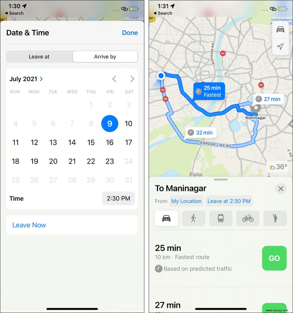 iOS 15:So legen Sie Ankunfts- und Abfahrtszeiten für Wegbeschreibungen in Apple Maps fest 