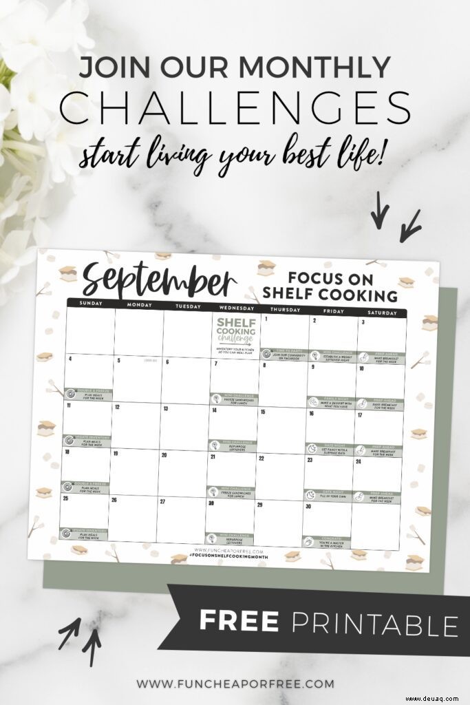 Konzentrieren Sie sich auf Shelf Cooking Shelftember Month Challenge und druckbaren Kalender 
