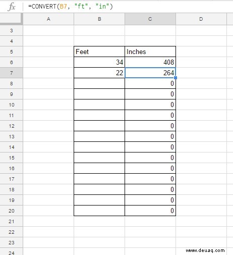 So konvertieren Sie Fuß in Zoll in Google Tabellen