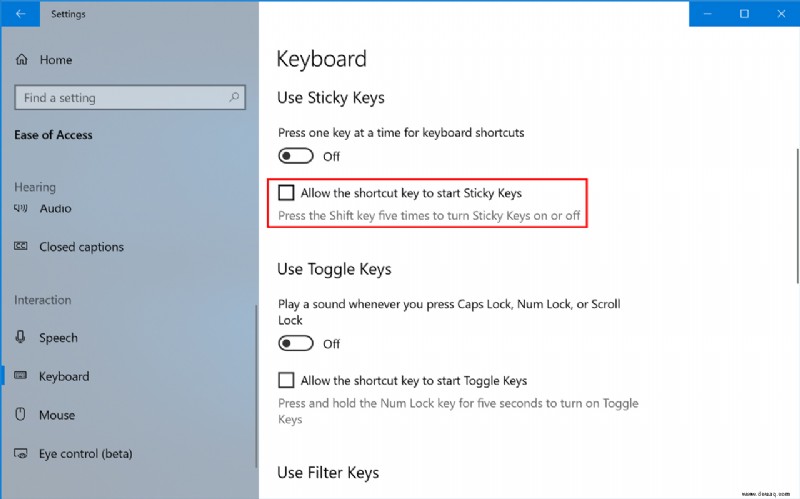 Windows 10:Sticky Keys-Warnung und Signalton deaktivieren