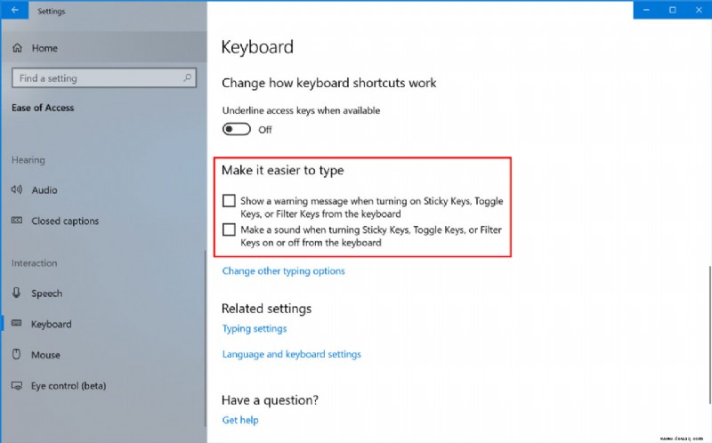 Windows 10:Sticky Keys-Warnung und Signalton deaktivieren