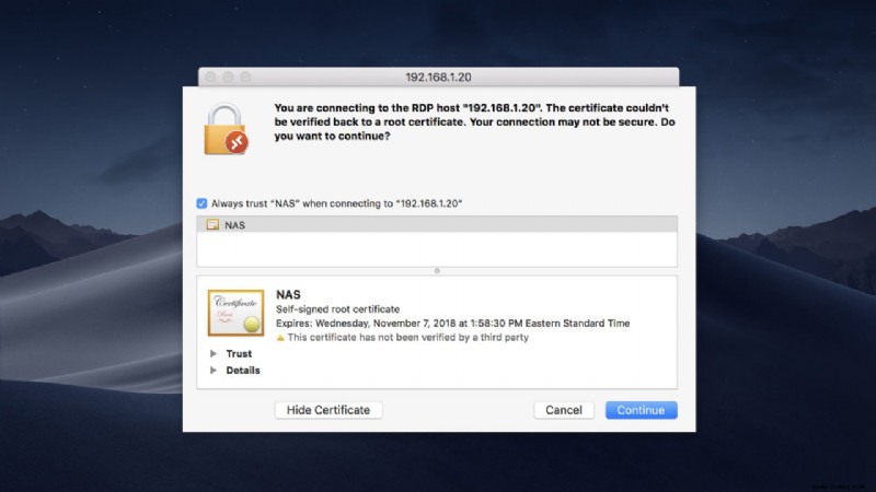 Microsoft Remote Desktop für Mac:Zertifikat immer vertrauen