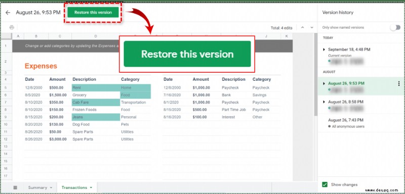 So stellen Sie frühere Versionen einer Tabelle in Google Tabellen wieder her