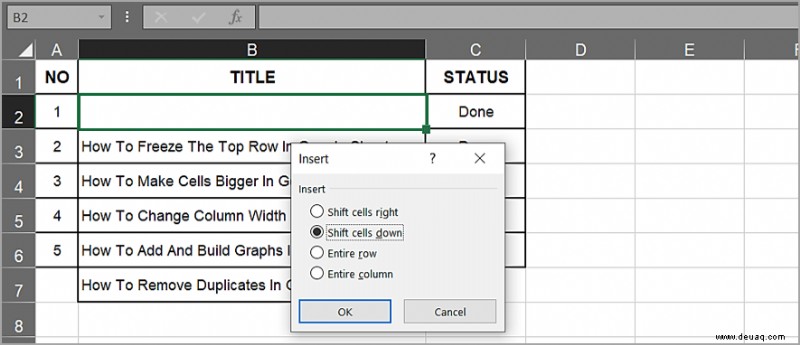 So verschieben Sie Zellen in Excel nach unten