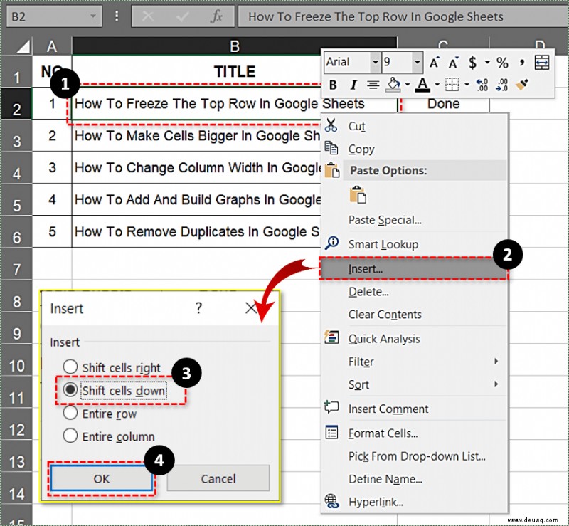 So verschieben Sie Zellen in Excel nach unten