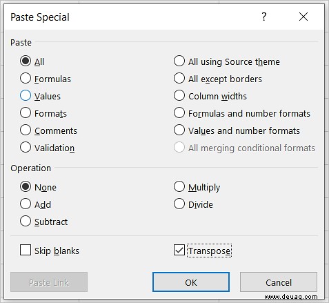 Einfügen von Verknüpfungs- und Transponierungsfunktionen in Excel