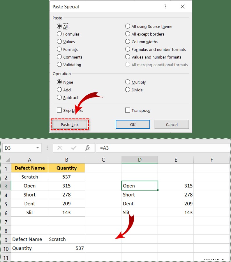 Einfügen von Verknüpfungs- und Transponierungsfunktionen in Excel