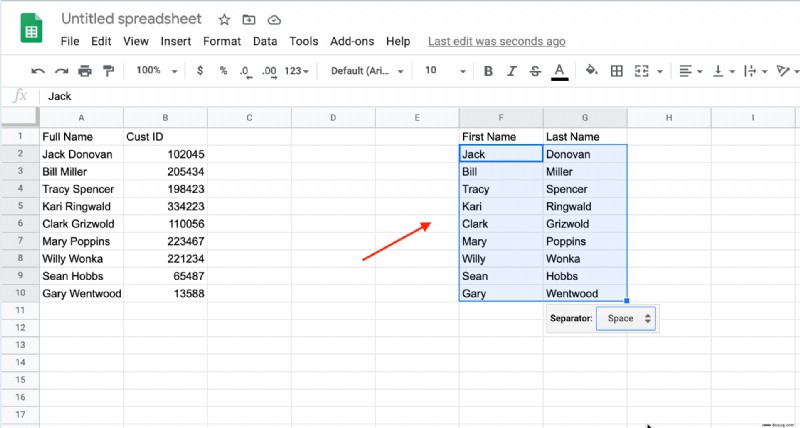 So trennen Sie Vor- und Nachnamen in Google Tabellen