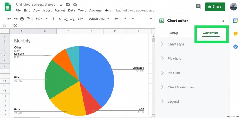 So fügen Sie ein Diagramm hinzu und bearbeiten die Legende in Google Tabellen