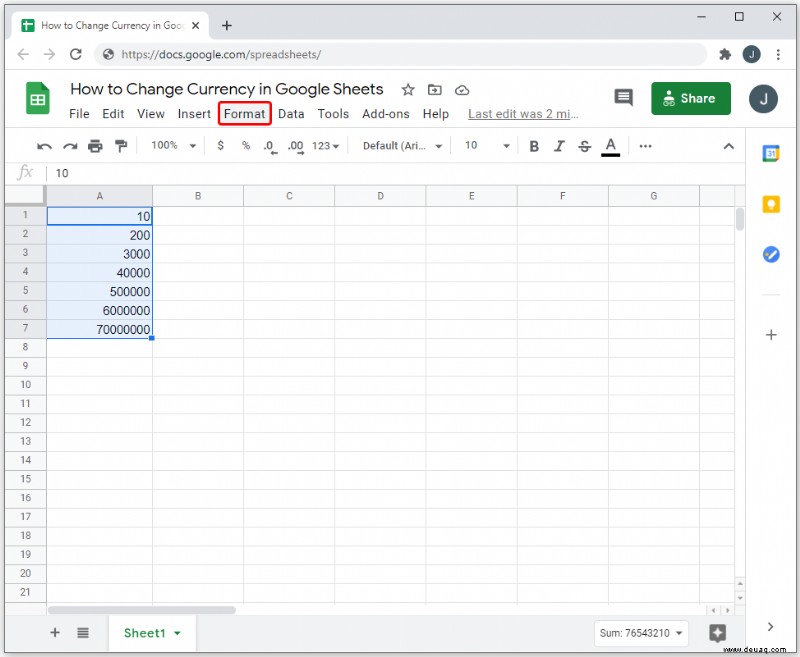 So ändern Sie die Währung in Google Tabellen