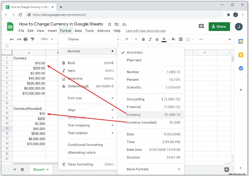 So ändern Sie die Währung in Google Tabellen