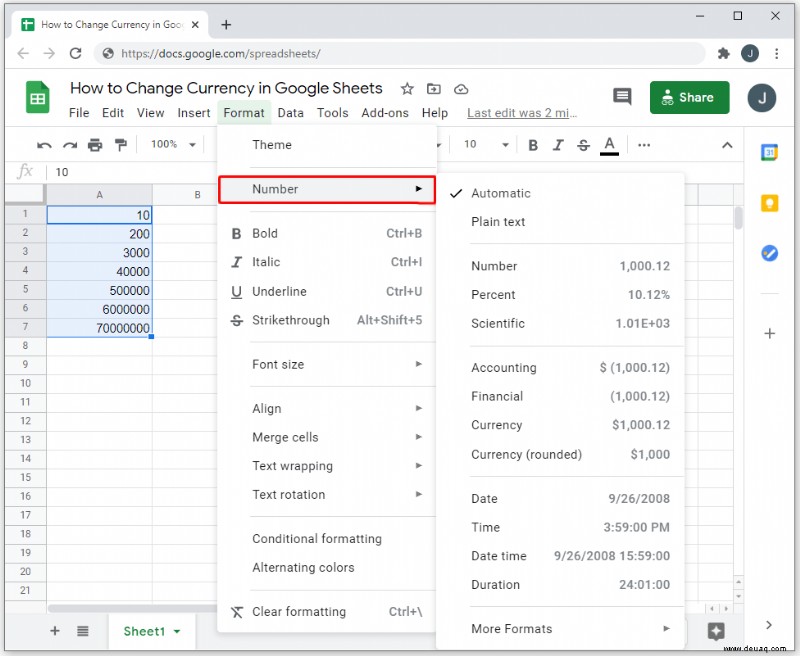 So ändern Sie die Währung in Google Tabellen