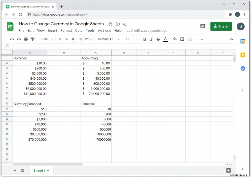 So ändern Sie die Währung in Google Tabellen