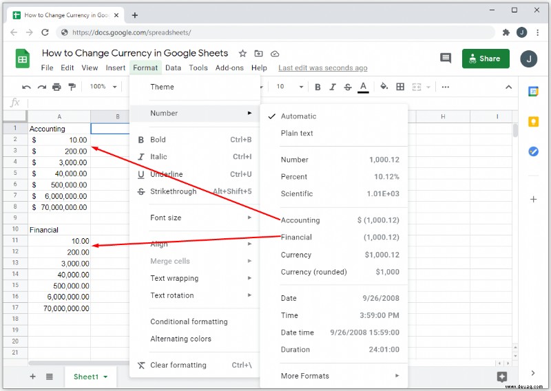So ändern Sie die Währung in Google Tabellen