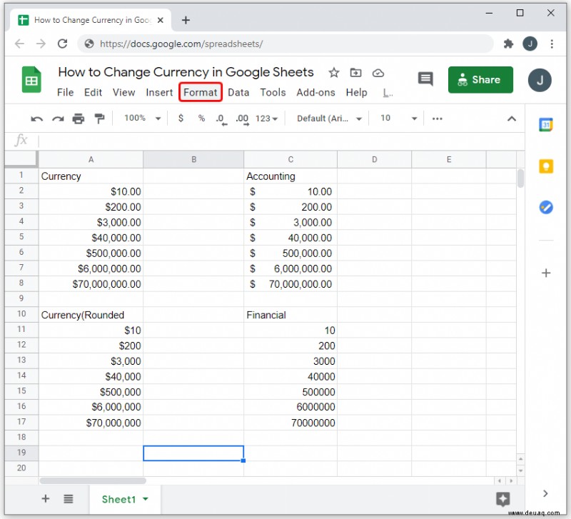 So ändern Sie die Währung in Google Tabellen