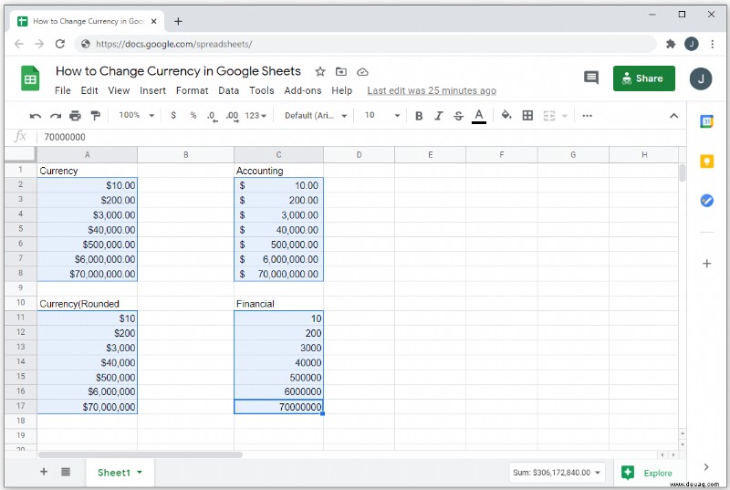 So ändern Sie die Währung in Google Tabellen