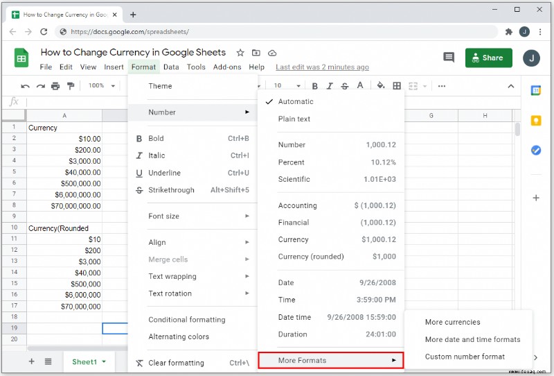 So ändern Sie die Währung in Google Tabellen