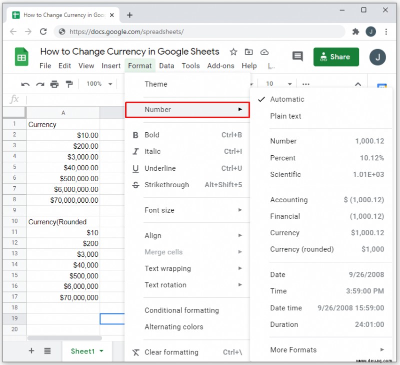 So ändern Sie die Währung in Google Tabellen