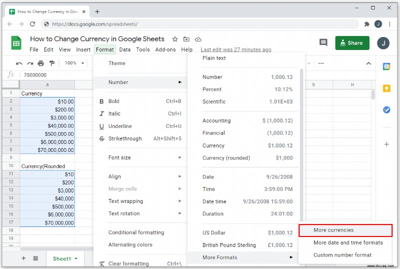 So ändern Sie die Währung in Google Tabellen