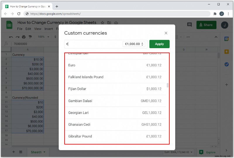 So ändern Sie die Währung in Google Tabellen