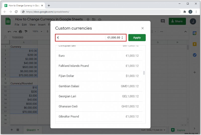So ändern Sie die Währung in Google Tabellen