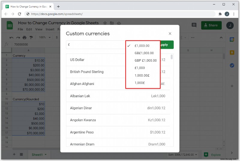 So ändern Sie die Währung in Google Tabellen