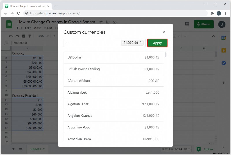 So ändern Sie die Währung in Google Tabellen