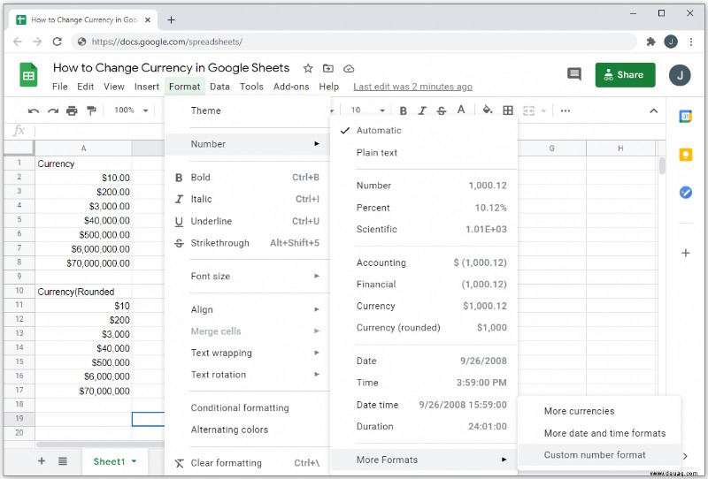 So ändern Sie die Währung in Google Tabellen