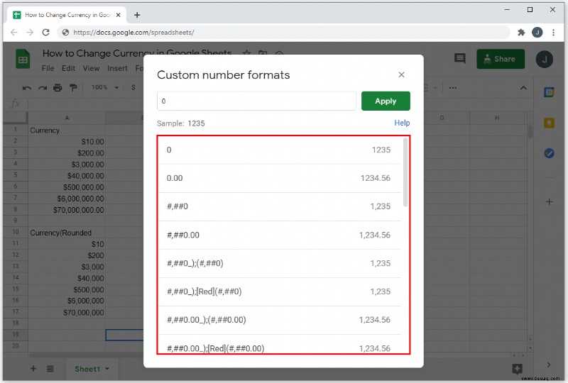 So ändern Sie die Währung in Google Tabellen