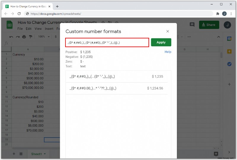 So ändern Sie die Währung in Google Tabellen