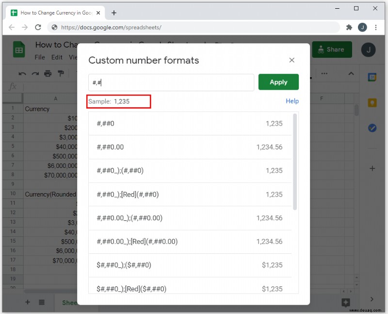 So ändern Sie die Währung in Google Tabellen